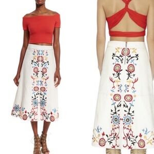 100% COTTON Alice & Olivia white skirt tea length midi embroidery vacation